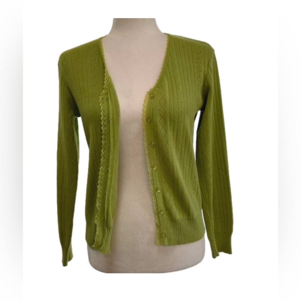 Trixie and LuLu Buttondown Cardigan Lime Green with Lace Trim Size Medium EUC